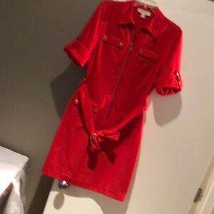 Red orange Zip-Up Dress with Pockets and matching belt